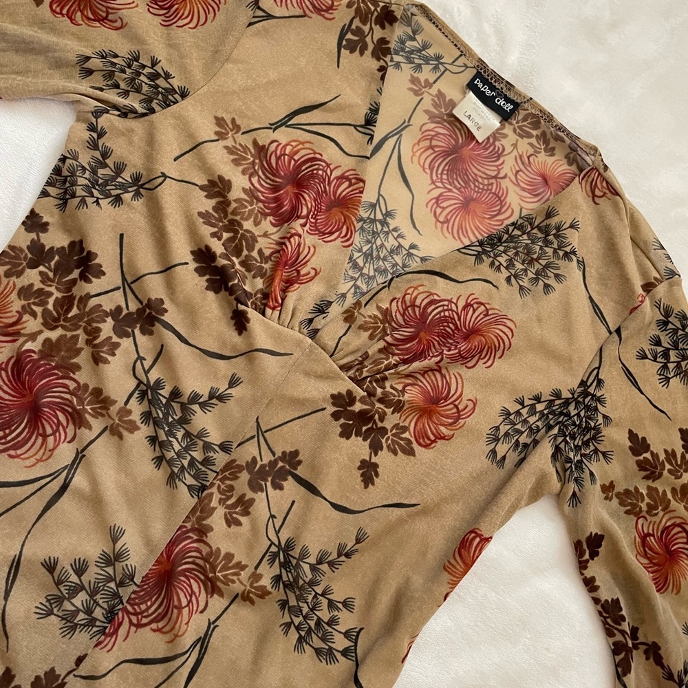 Paper Doll Vintage Brown Beautiful Floral‎ Print V-Neck Long Sleeve Blouse